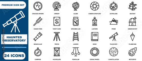Bild auf Leinwand Haunted observatory set featuring twenty four linear of scientific instruments,