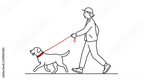 Person walking a dog on a leash in a minimalist line art style with a white background