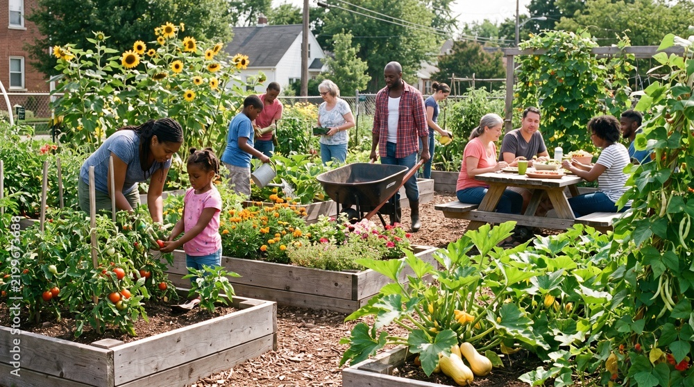 Obraz premium Diverse group of people working and relaxing in a vibrant community garden on a sunny day.
