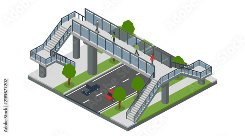 Isometric Pedestrian Overpass with People and Road.