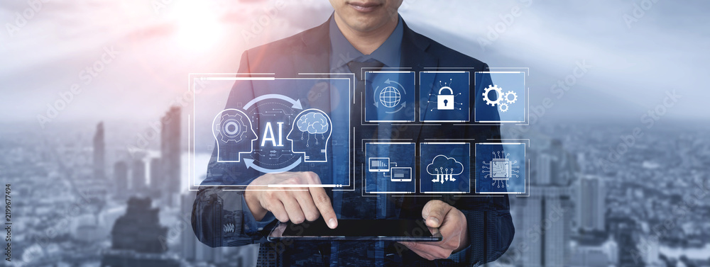 Obraz premium AI system integration improves artificial intelligence platform. AI system integration enhances automation, secures data, supports cloud, and AI system integration connects systems. Vouch