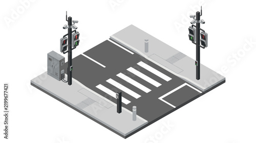 Isometric view of a city street intersection with a crosswalk and traffic lights.
