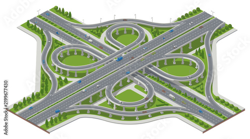 Isometric View of a Complex Cloverleaf Interchange Highway System.
