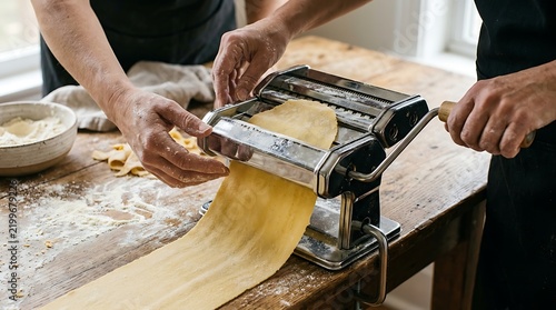 Hands Operating Pasta Roller on Wooden Workbench in Rustic Kitchen
