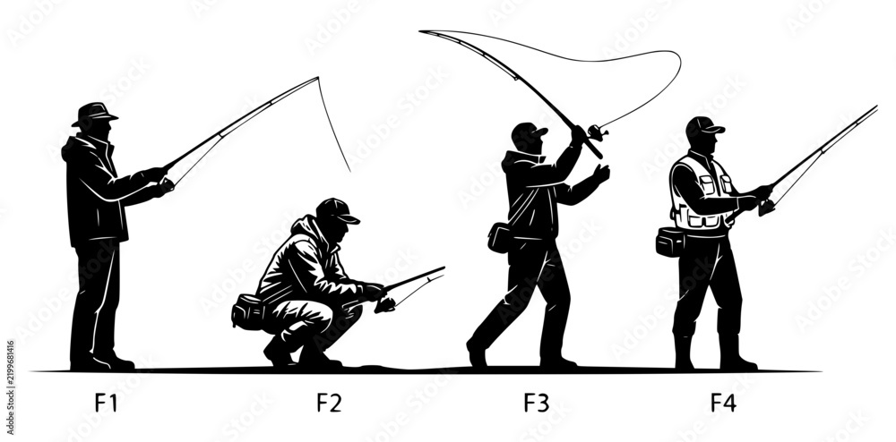 Obraz premium Silhouettes fishing with rods set with simple line art design featuring simple design, minimalist, black and white with illustrations and graphics