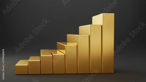 A 3D rendered staircase of golden bars rises steadily against a dark grey background.