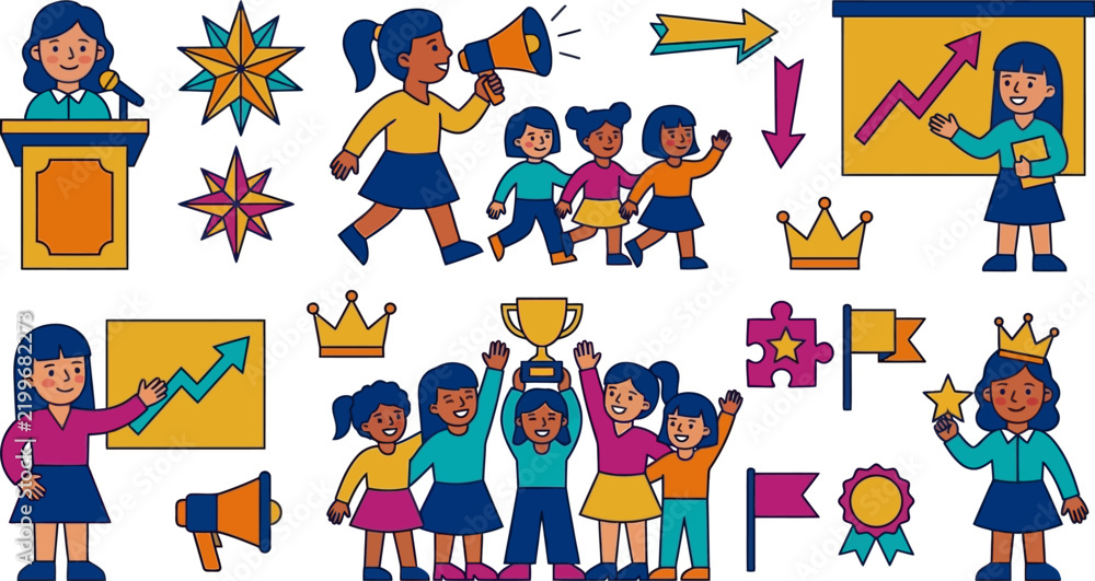 Fototapeta premium Vector illustration set celebrating International Day of the Girl Child with empowered female leaders, students, and achievers