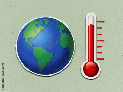 Global Warming Concept: Earth with High Temperature Thermometer on Textured Background