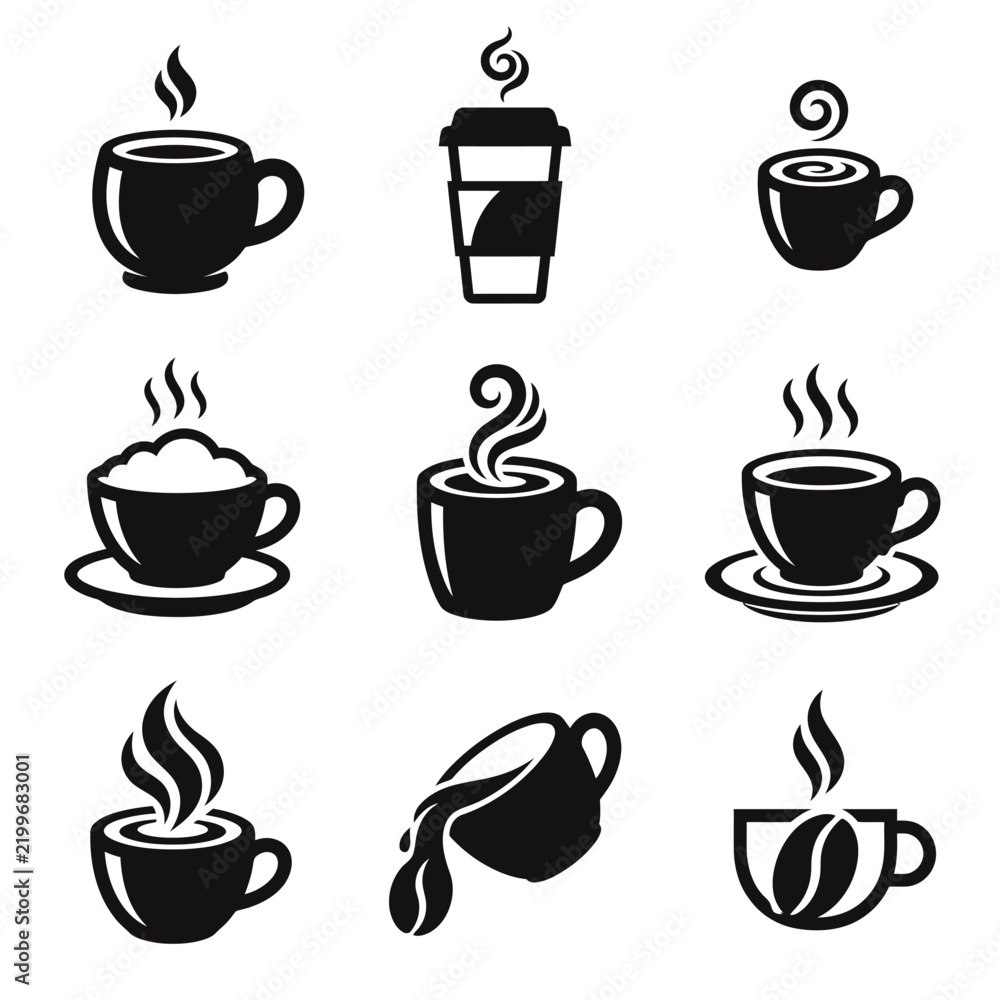 Fototapeta premium Collection of black and white coffee cup icons and hot beverage vector symbols for cafe menu design. vector illustration