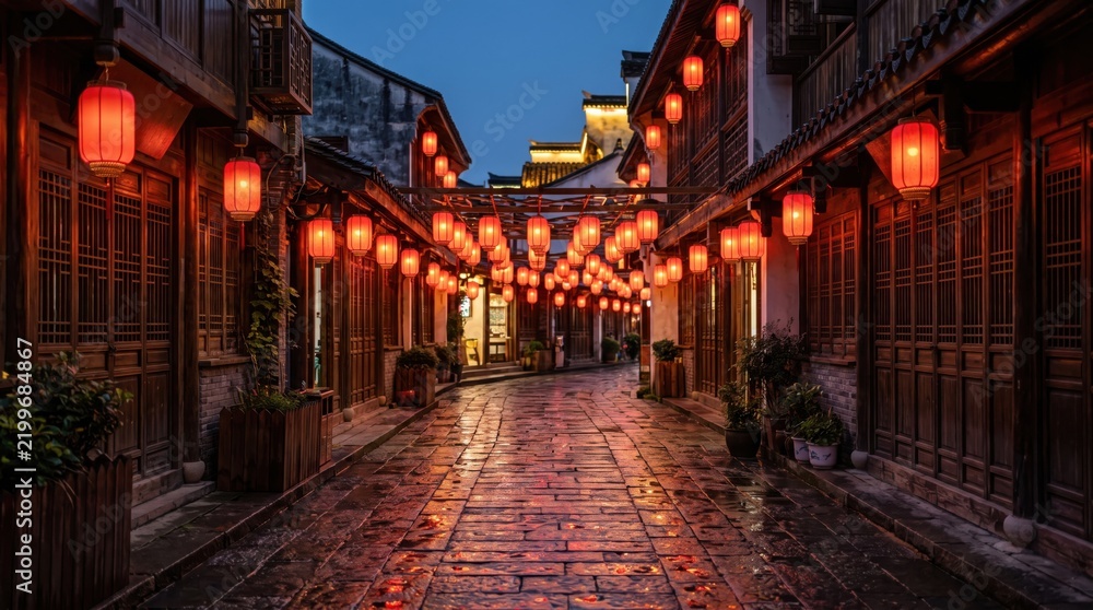 Fototapeta premium Beautiful traditional ancient street in China decorated with red glowing lanterns for Chinese New Year celebration at night