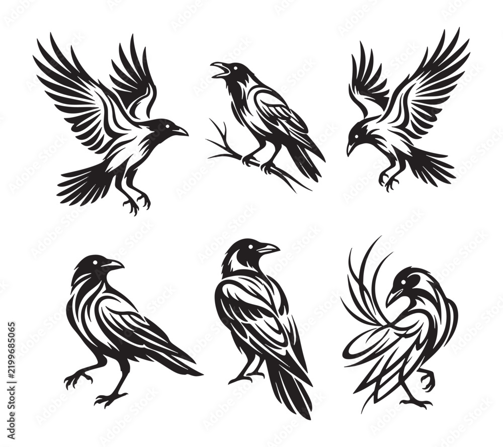 Obraz premium black crow tattoo flat illustration