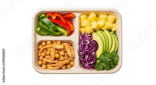 Healthy meal preparation box with fresh colorful vegetables and protein.