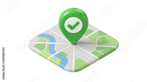 Green location pin with checkmark on a map isolated on transparent background