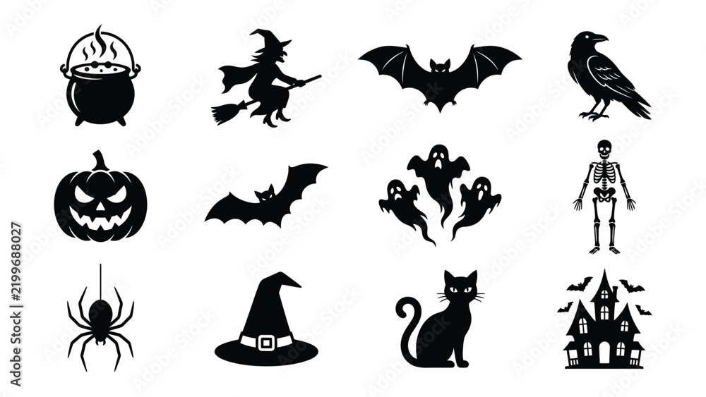 Obraz premium Halloween icons set with witch, jack-o-lantern, bats, and haunted house
