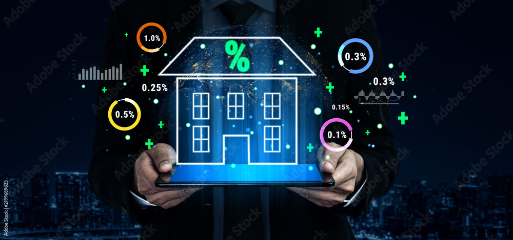 Obraz premium An analysis of real estate mortgage interest rates and the housing market. A concept of property investment, home loans, and finance analytics. Motif