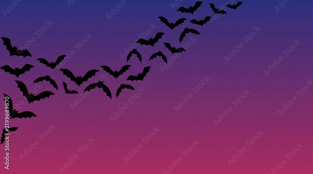 Obraz premium Halloween bats silhouette against a magenta to indigo gradient sunset sky, copy space