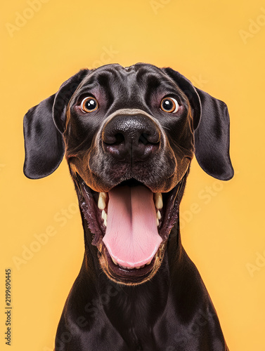Funny surprised dane dog opening mouth and making a face on orange background