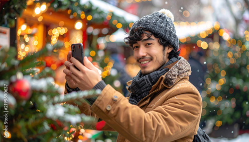 Young man taking smartphone pictures at christmas market