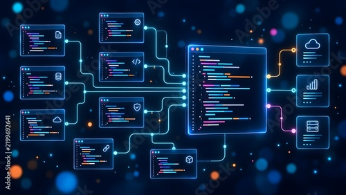 Obraz na płótnie Complex cloud computing and software architecture concept with multiple code windows connecting to central processing unit floating on dark blue space background