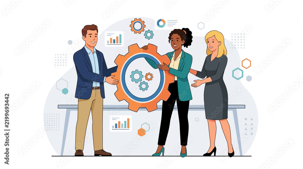 Obraz premium Teamwork and Collaboration Concept: Diverse Business People Assembling a Giant Gear