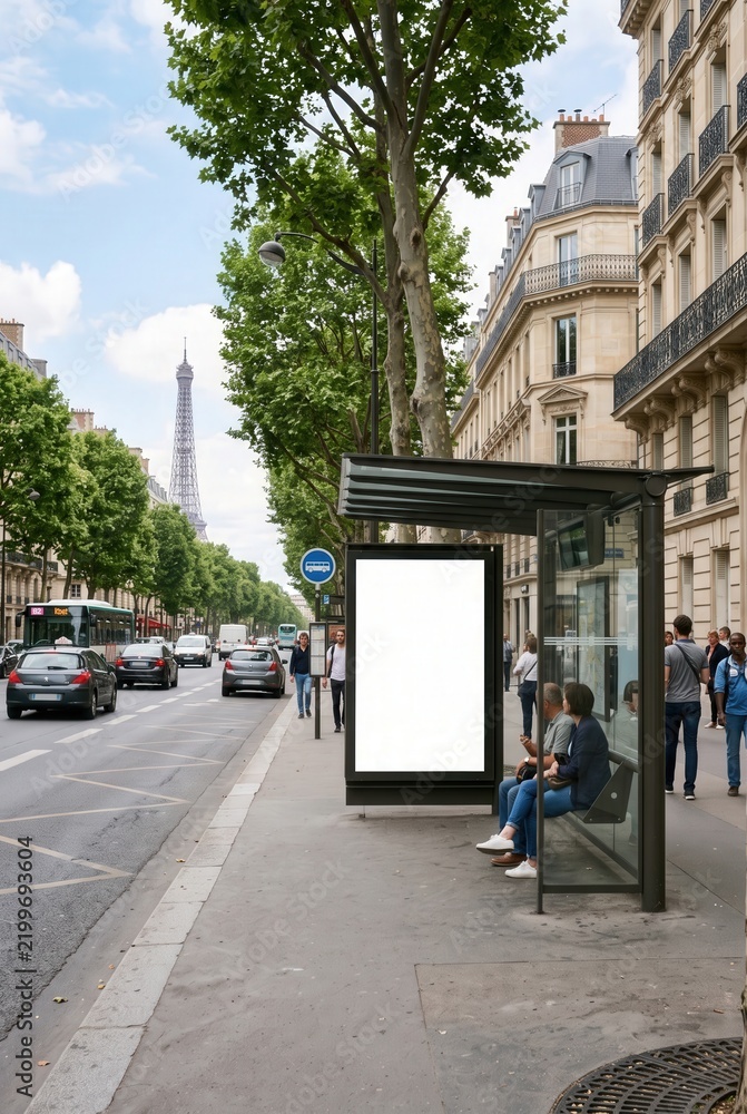 Obraz premium Blank vertical billboard mockup on a modern bus stop shelter on a Parisian street with pedestrians, city traffic, and the Eiffel Tower in the background.