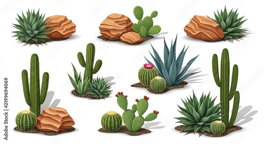 Fototapeta premium Diverse cactus plants arranged in natural desert terrain with varied textures and heights