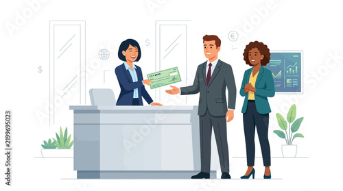 Diverse Business Team at Bank Counter Receiving Financial Document