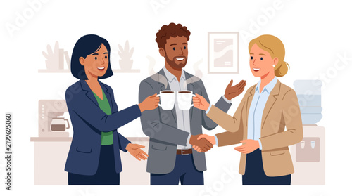 Diverse Business Team Celebrating Success with Coffee and Handshake in Office Break Room