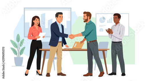 Diverse Business Team Celebrates Partnership Agreement in Modern Office Setting