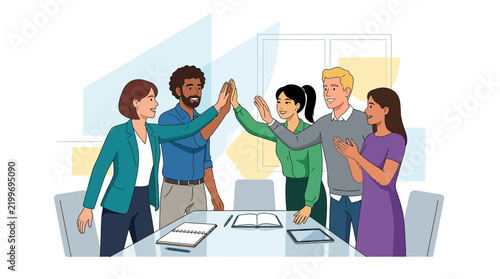 Diverse business team celebrating success with high fives in a modern office meeting room, vector illustration.