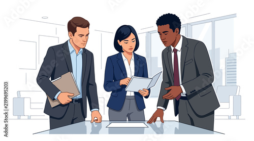 Diverse business team collaborates on project documents in modern office meeting, vector illustration