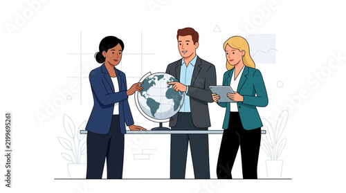 Diverse business team collaborating around a globe, discussing global strategy and planning.