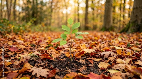 Young green sapling growing in autumn forest, small tree sprout emerging from soil and fallen leaves, new life and environmental conservation concept