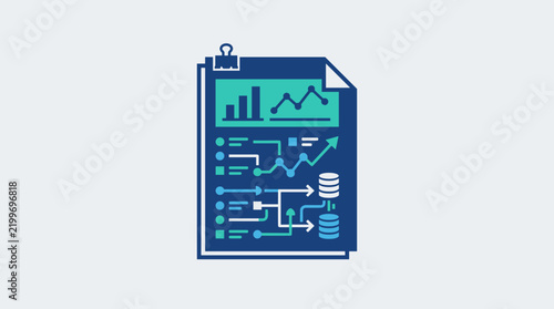 Business data analysis report with financial charts and database information icons on document