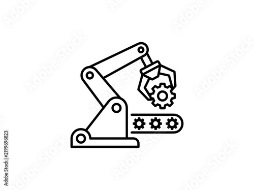 Industrial robotic arm assembly line icon for manufacturing and automation technology concepts