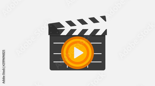 Flat illustration of movie clapperboard with play button icon for film and video production