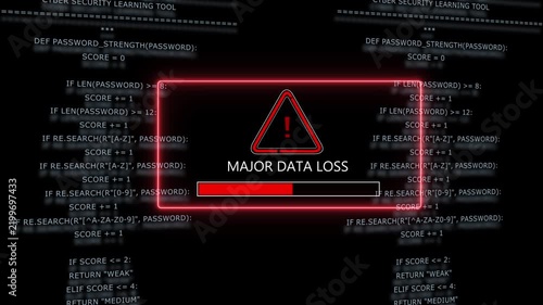 Major data loss warning alert with red progress bar and cyber security programming code background, for digital threat, detection, network breach, notification, and critical, system failure concept