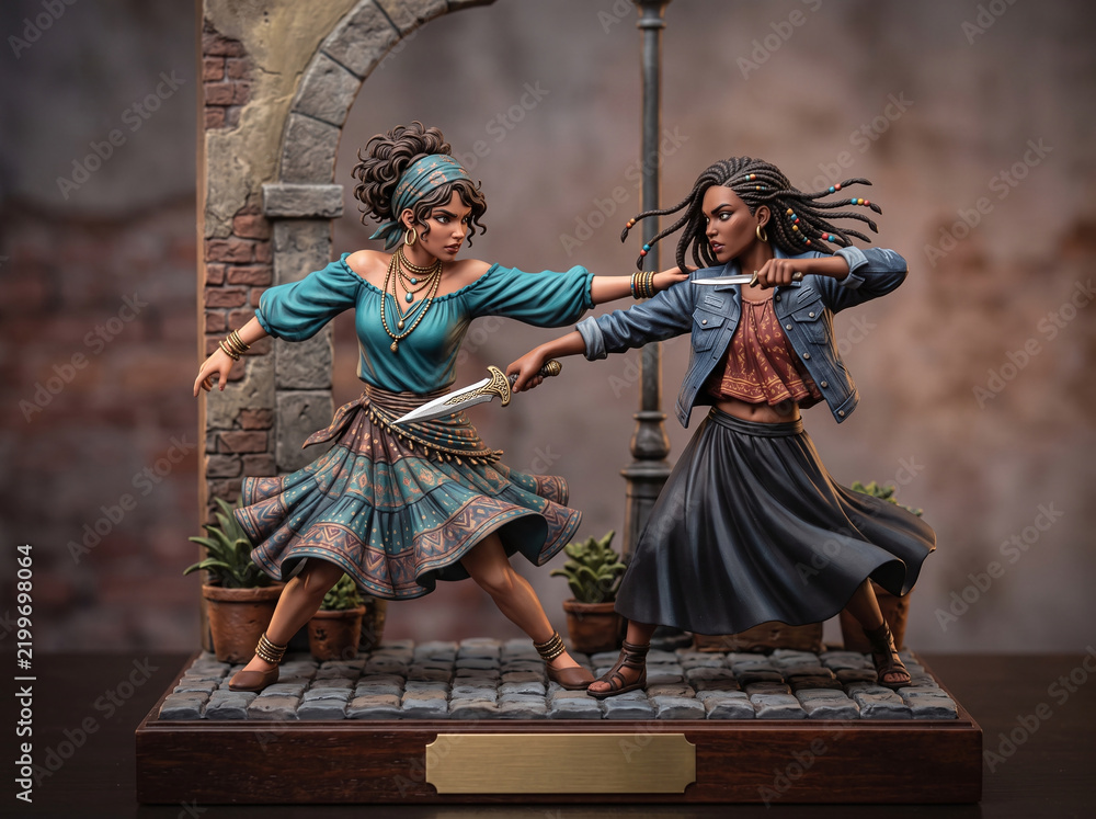 Obraz premium high-stakes, close-quarters street duel between two women armed with daggers