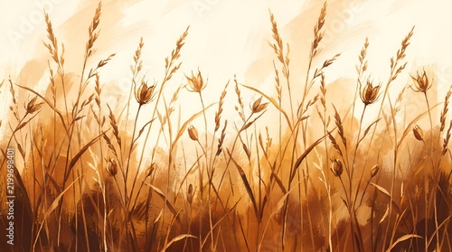 Vintage watercolor wheat field illustration, sepia tone meadow grass background, rustic autumn harvest landscape, golden brown botanical art