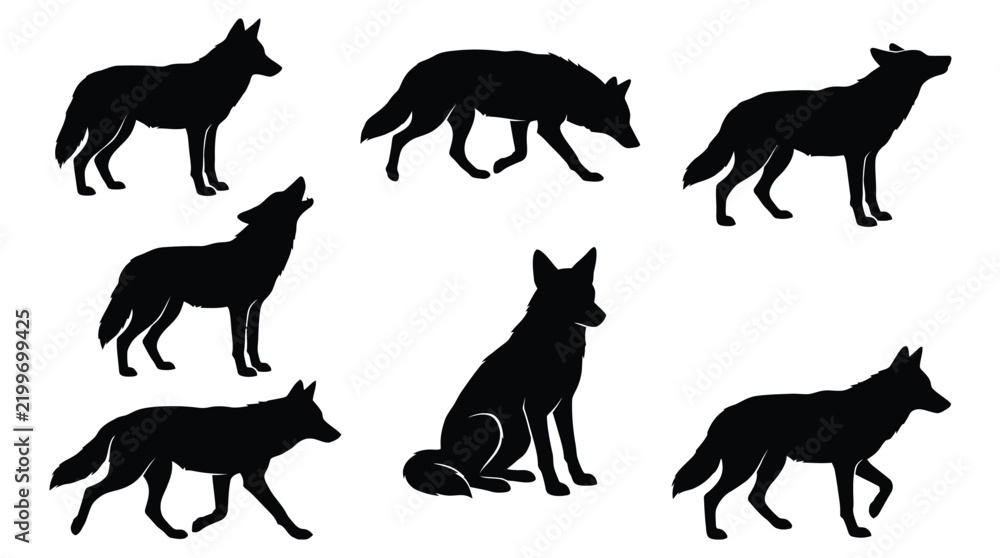 Fototapeta premium Black silhouettes of diverse wolves standing and sitting in various graceful poses on white background