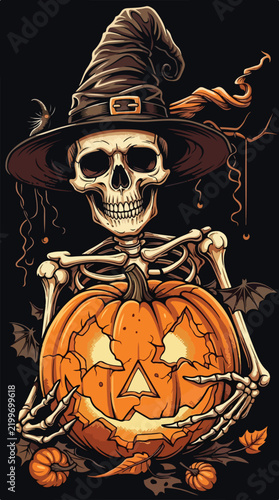 Retro comic style vector illustration of a skeleton wearing a witch hat and holding a jack-o'-lantern.