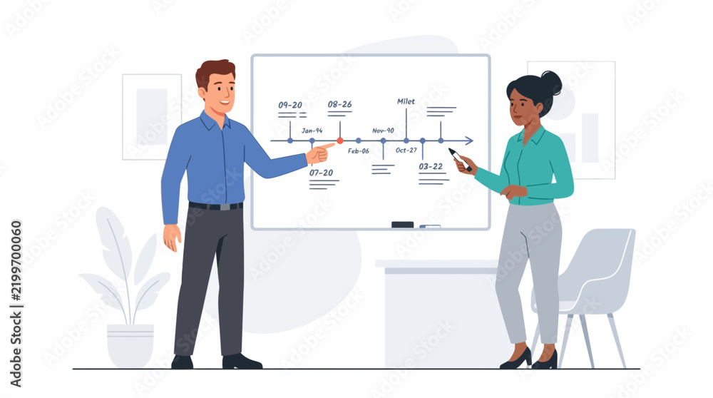 Obraz premium Diverse team collaborating on a timeline or project plan presented on a whiteboard in a modern office setting.
