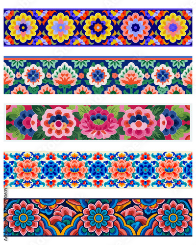 Korean traditional dancheong and floral decorative border patterns with vibrant colorful flowers and oriental ornament styles   