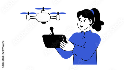 A flat vector illustration of a woman operating a drone, symbolizing modern technology, aerial mapping, or planetary surveying