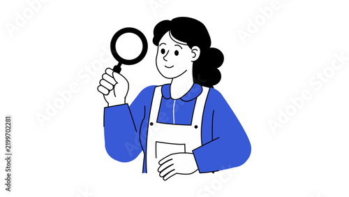 A flat vector illustration of a woman using a magnifying glass to investigate something, symbolizing discovery, analysis, and detail-oriented research in space exploration