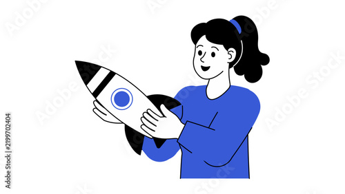 A flat vector illustration of a woman holding a small space rocket model, representing interest in aerospace engineering and space travel