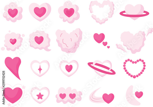 pink hearts and cloud icons isolated on white background, vector illustration of y2k heart, cloud frame, planet heart with ring, shooting star heart, and coquette aesthetic clipart