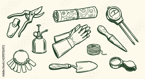 Cute Hand-Drawn Landscape Botanist and Greenkeeper Tools Set 10 Objects Marker Doodle Set