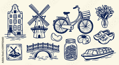 Cute Hand-Drawn Amsterdam Netherlands Canal Houses and Windmill Set 10 Objects Marker Doodle Set