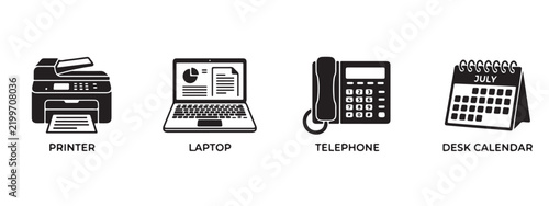 Office technology and stationery glyph icons set on white background